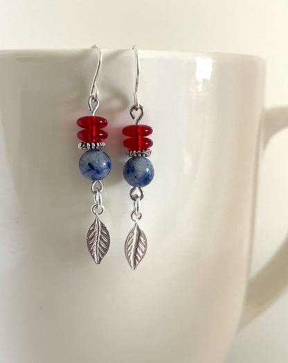 Red white blue leaf dangle earrings