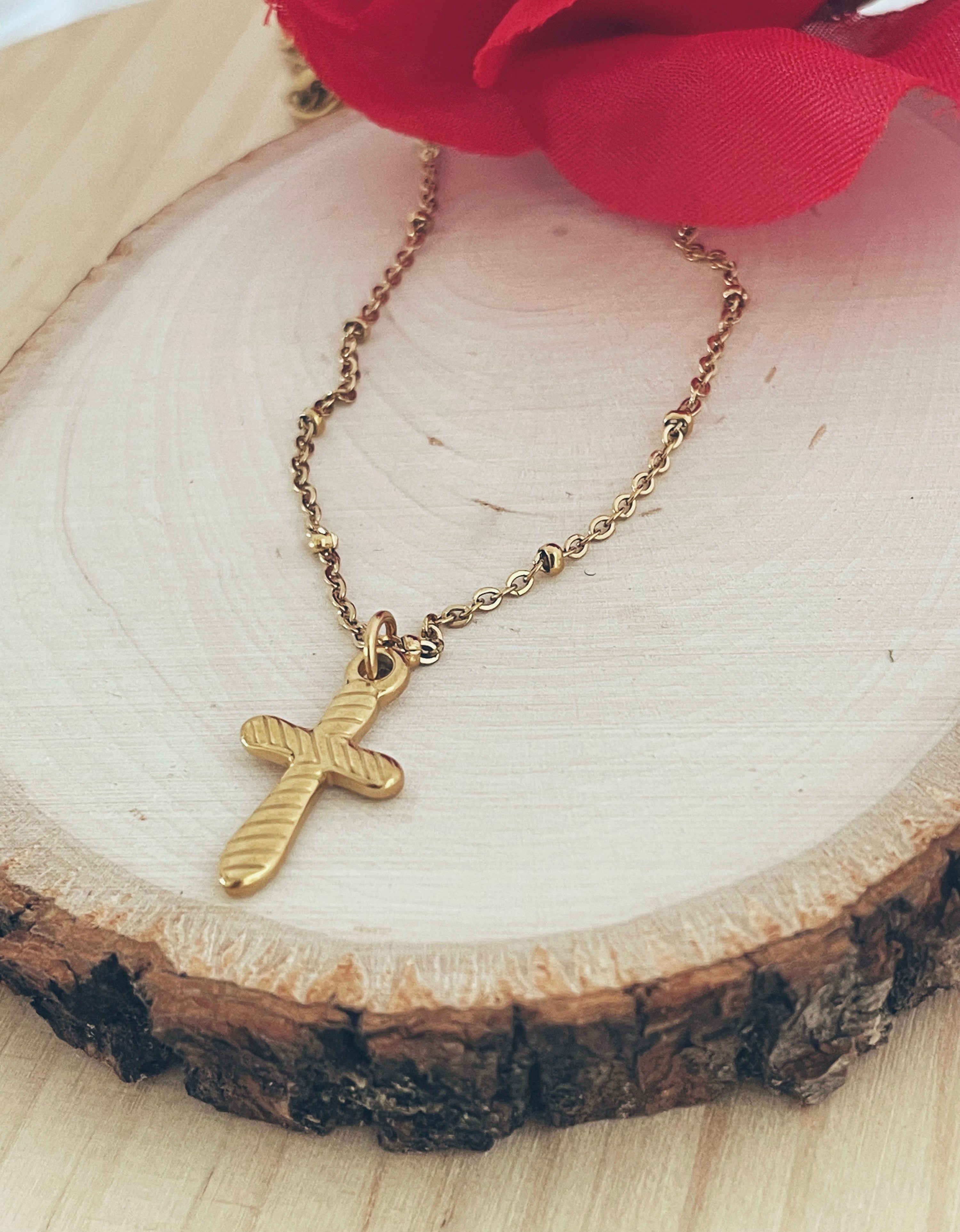 Gold Textured Cross Necklace
