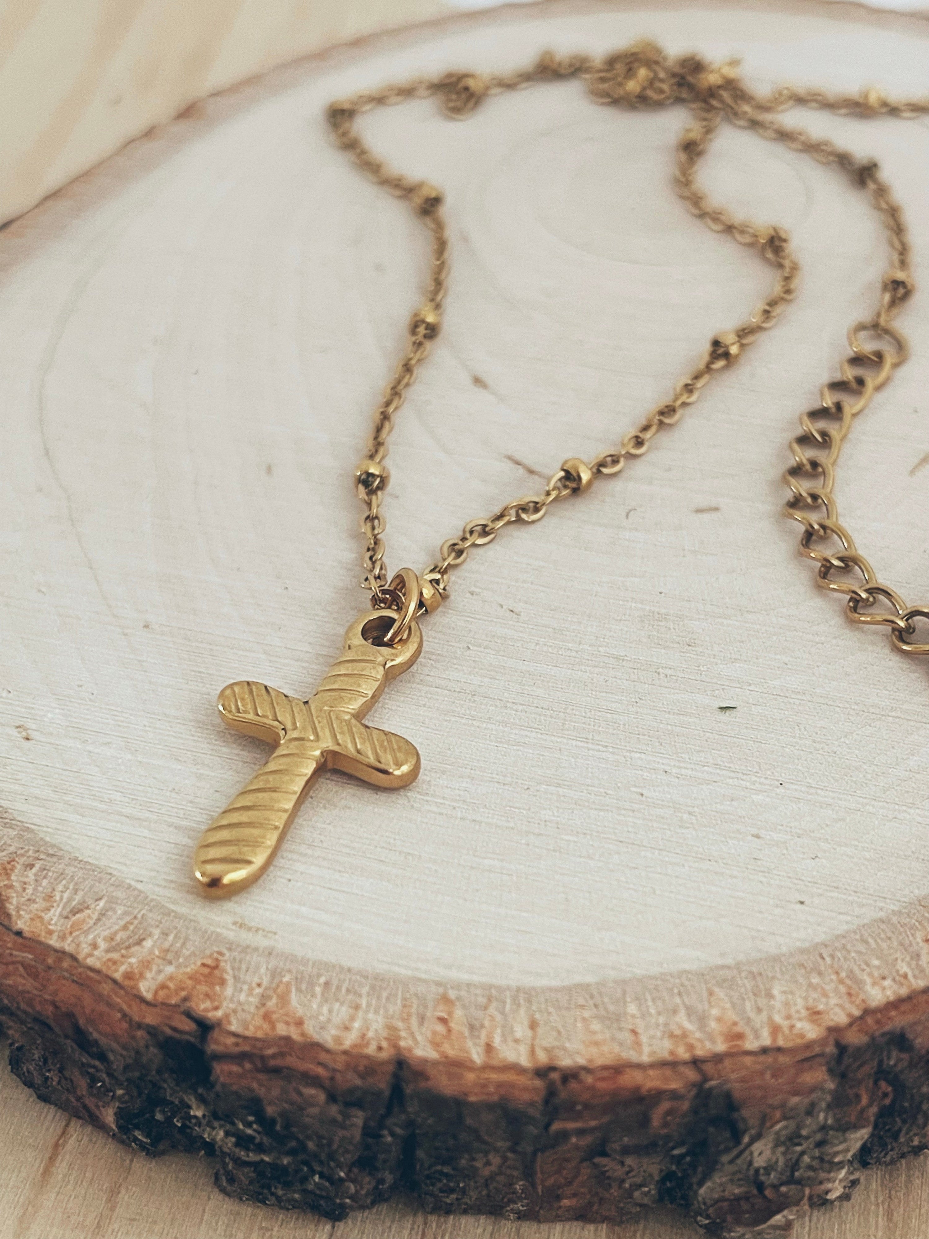 Gold Textured Cross Necklace
