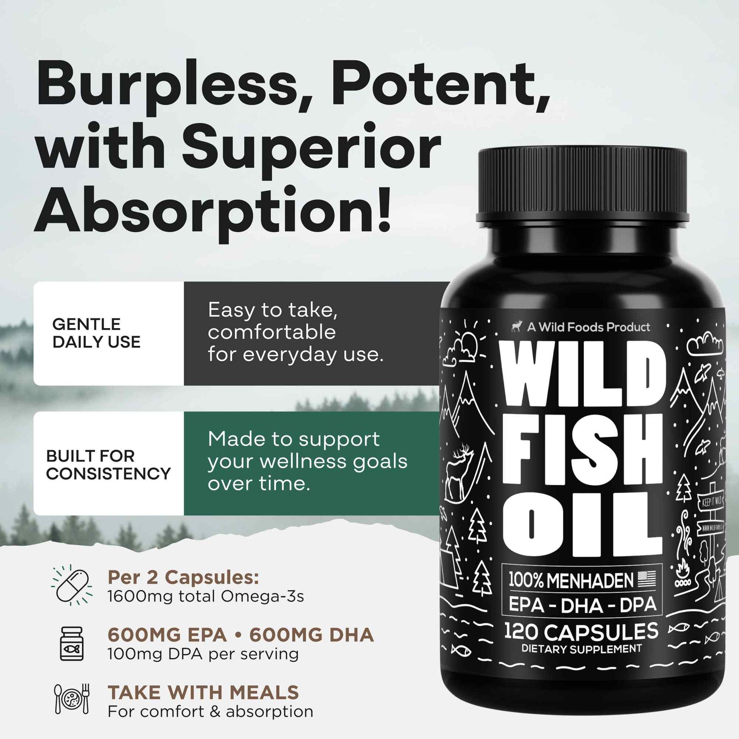 Wild Foods Oils Fish Oil Capsules, 60 servings – Omega-3 for Heart Health &amp; Cognitive Function