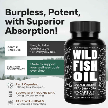 Wild Foods Oils Fish Oil Capsules, 60 servings – Omega-3 for Heart Health &amp; Cognitive Function