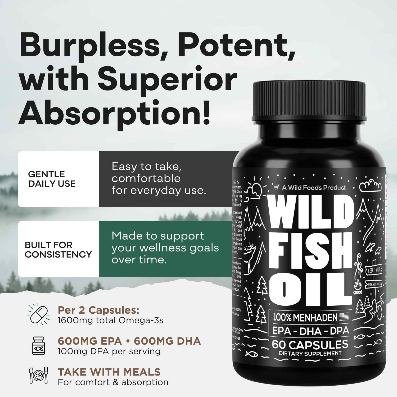 Wild Foods Oils Fish Oil Capsules, 60 servings – Omega-3 for Heart Health &amp; Cognitive Function