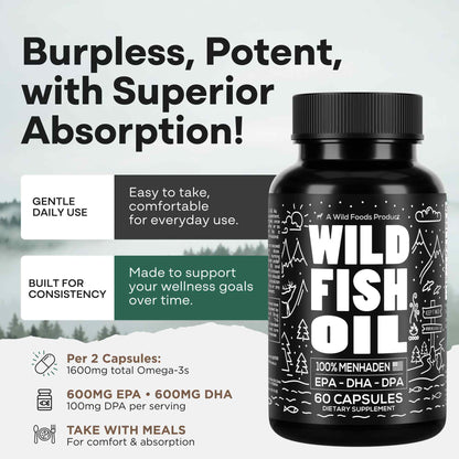 Wild Foods Oils Fish Oil Capsules, 60 servings – Omega-3 for Heart Health &amp; Cognitive Function