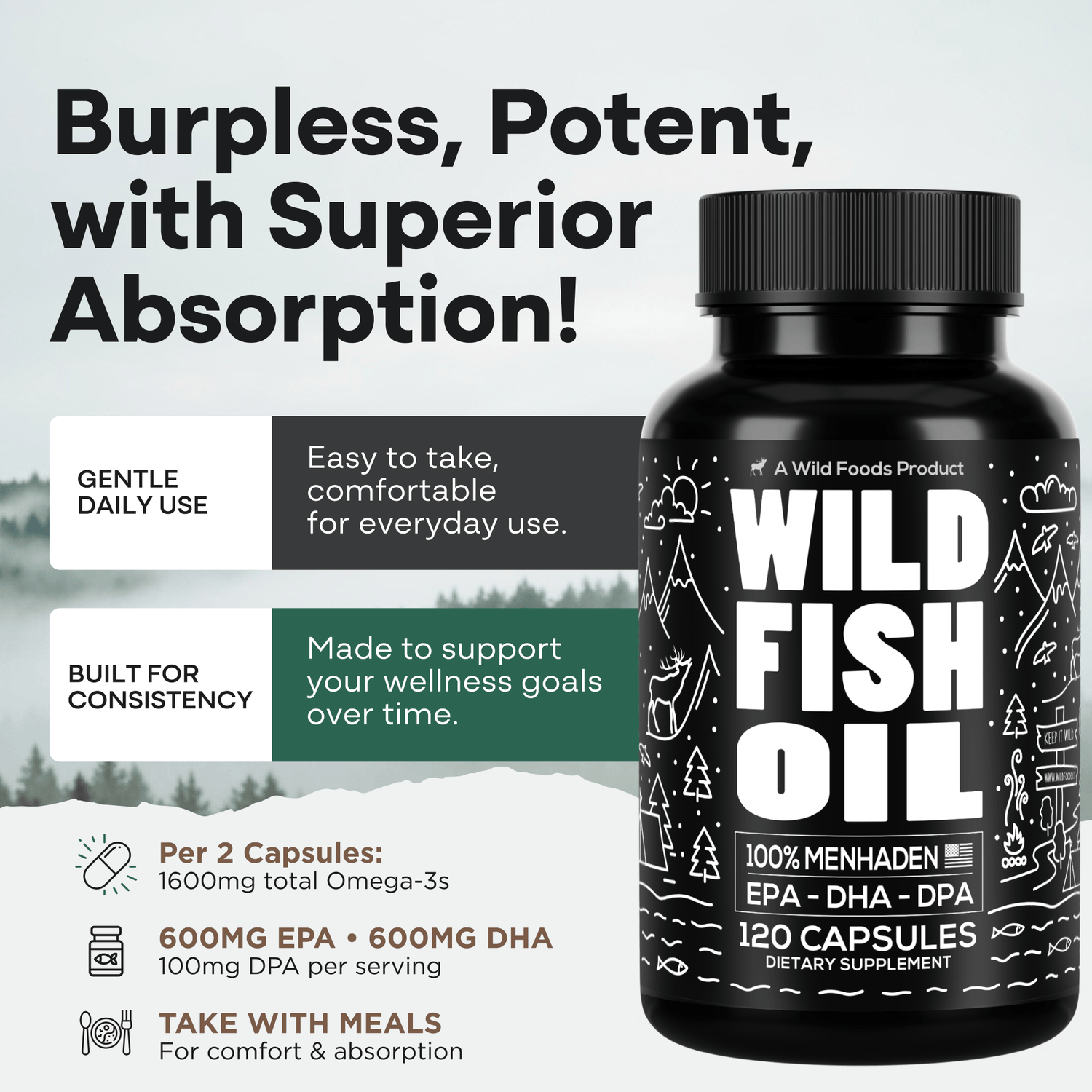 Wild Foods Oils Fish Oil Capsules, 60 servings – Omega-3 for Heart Health &amp; Cognitive Function