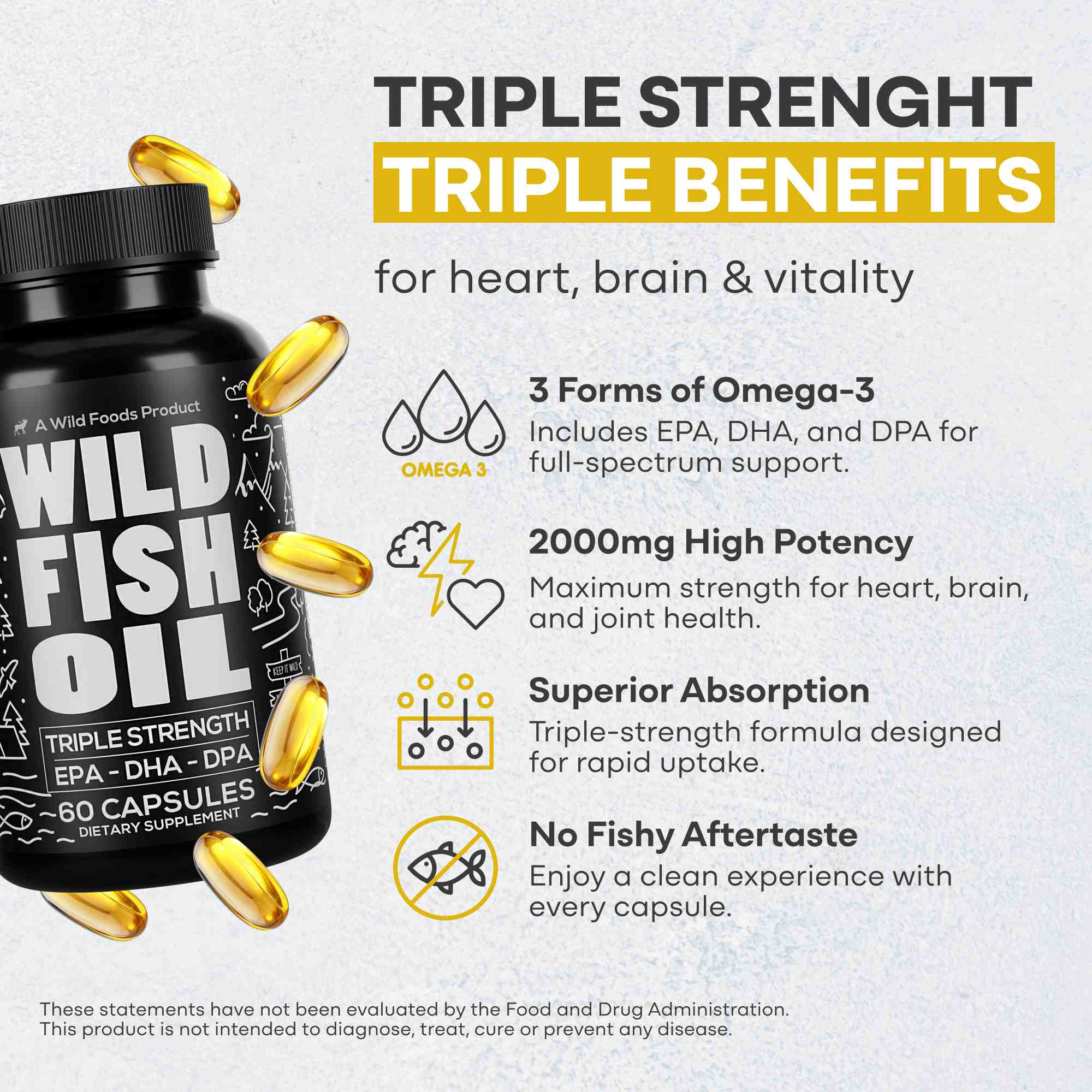 Fish Oil Capsules, 60 servings – Omega-3 for Heart Health &amp; Cognitive Function