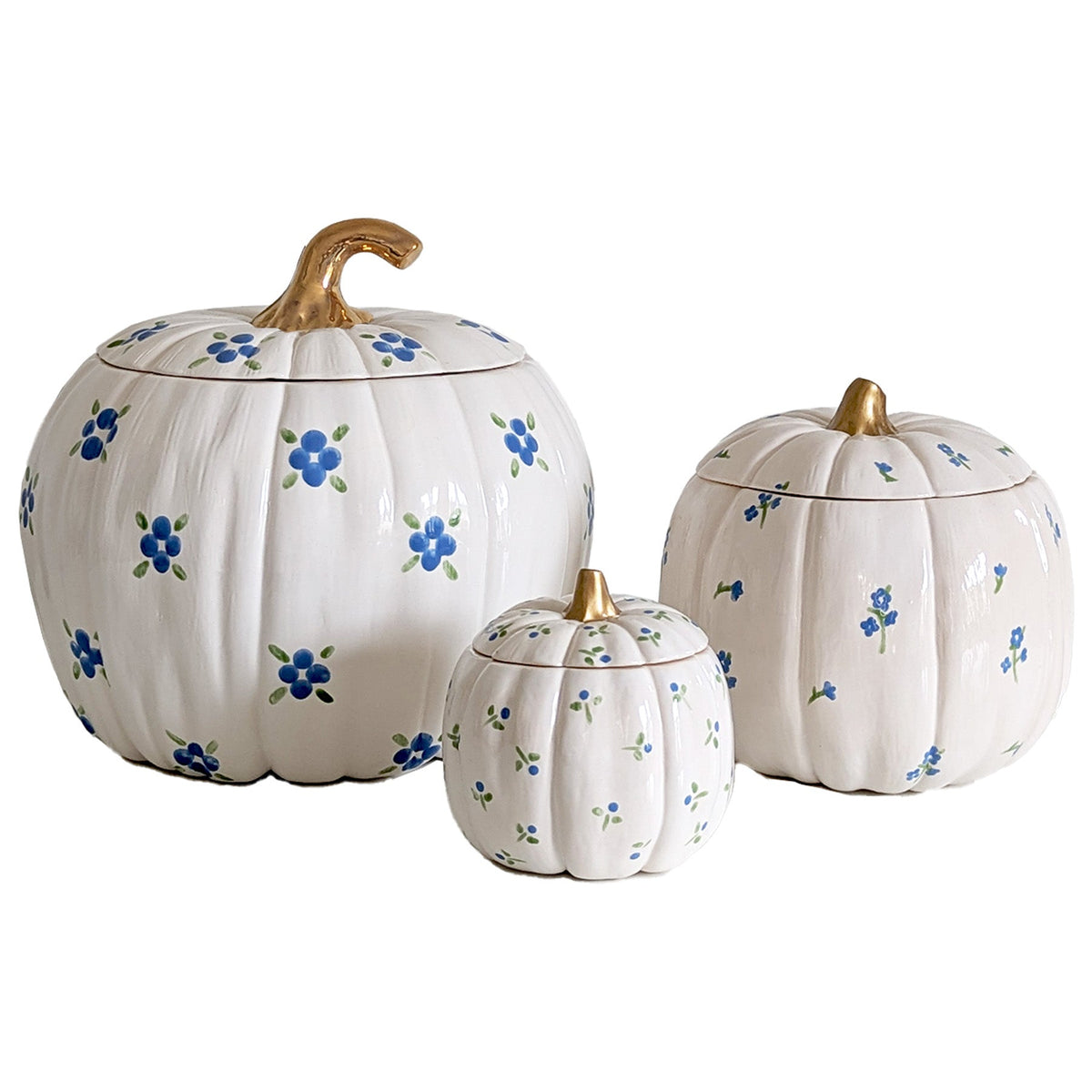Cottage Floral Pumpkin Jars with 22K Gold Accents in Blue