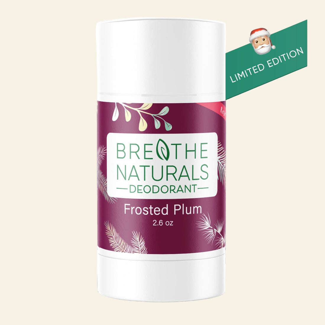Breathe Naturals deodorant stick with Frosted Plum flavor on a white background