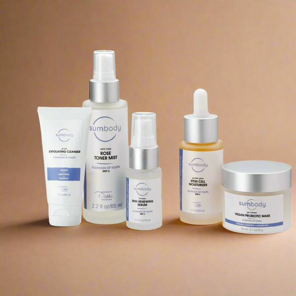 Collection of skincare products from Sumbody on a beige background