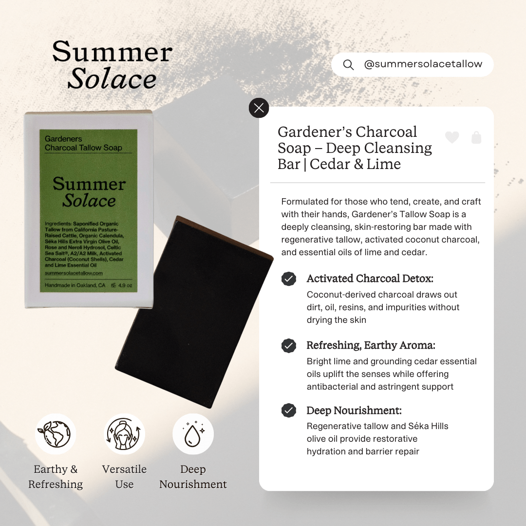 Summer Solace Tallow Tallow Soap Gardener’s Charcoal Soap – Deep Cleansing Bar | Cedar &amp; Lime