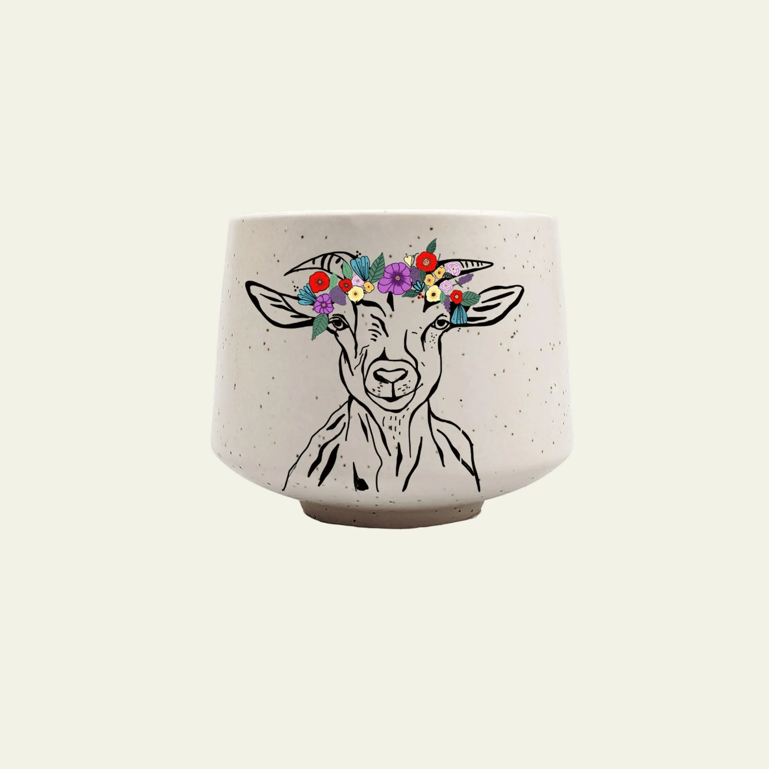 Ceramic pot with a goat illustration and floral crown on a beige background