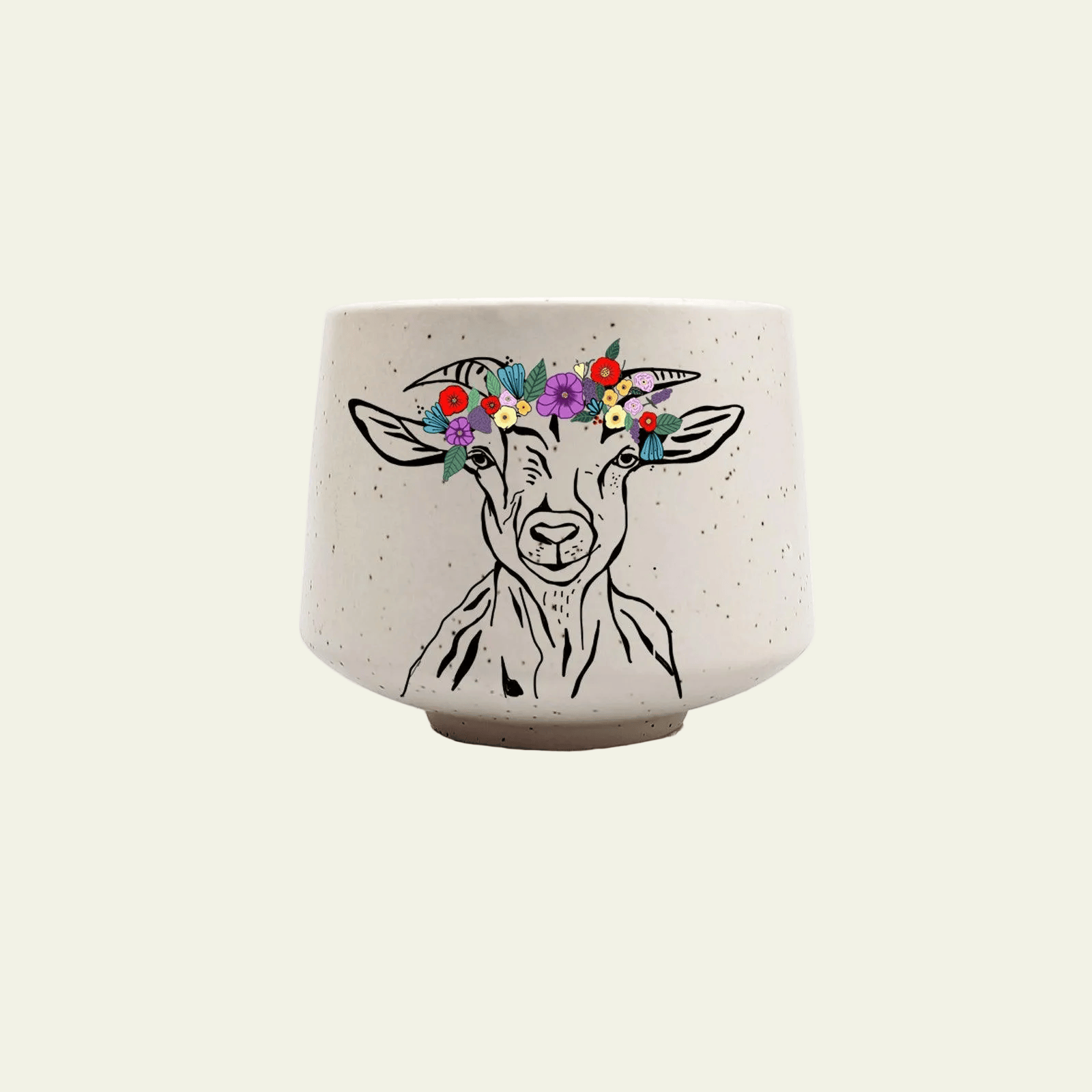 Ceramic pot with a goat illustration and floral crown on a beige background