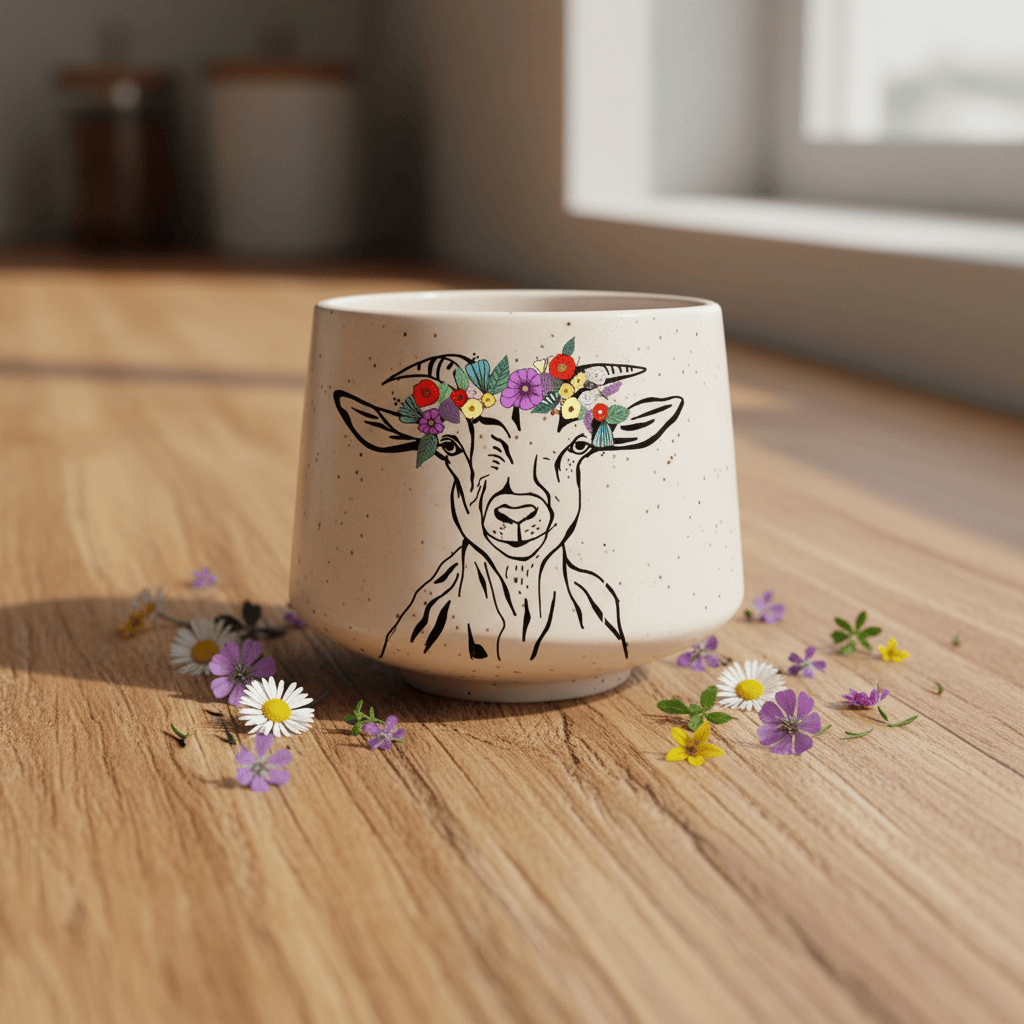 Ceramic mug with a goat illustration and floral crown on a wooden surface with scattered flowers.
