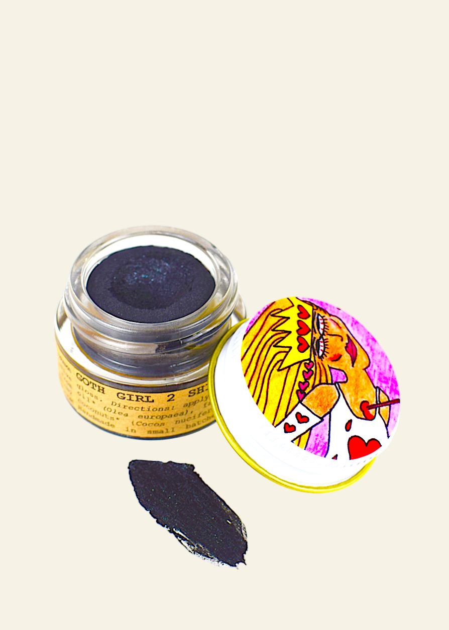 Cosmetic jar with black cream and colorful lid on a white background