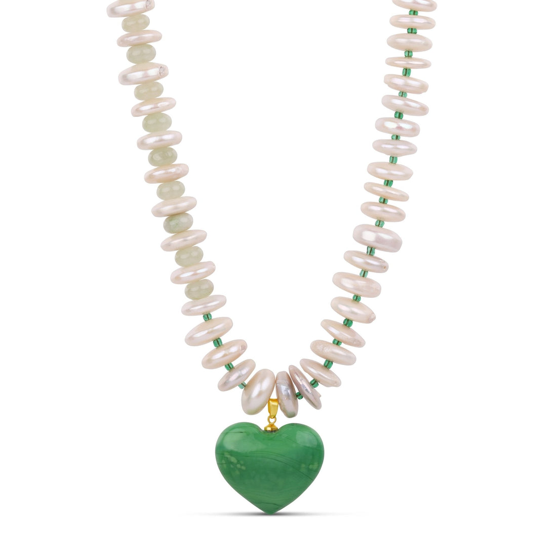 Green Heart Pendant Necklace - Fresh Water Pearl &amp; Murano Glass Necklace