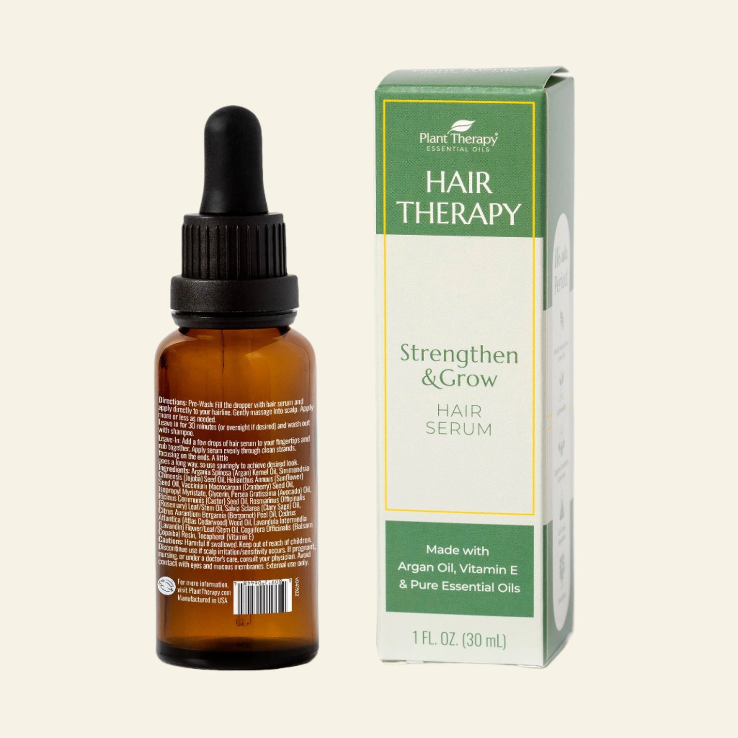 Hair serum bottle with dropper and packaging on a white background