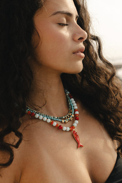 Coral Reef Fish Charm Necklace - Ocean Blue &amp; Coral Beaded Necklace