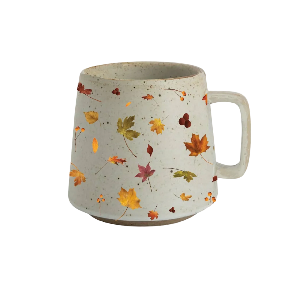 A speckled off-white ceramic mug with a handle, decorated with a pattern of colorful autumn leaves in orange, yellow, green, and red.
