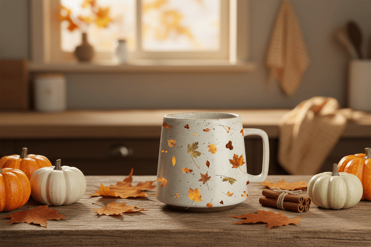 Ceramic mug with autumn leaf pattern on a white background