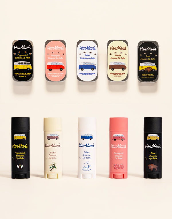 Collection of Van Man lip balms with colorful packaging on a white background