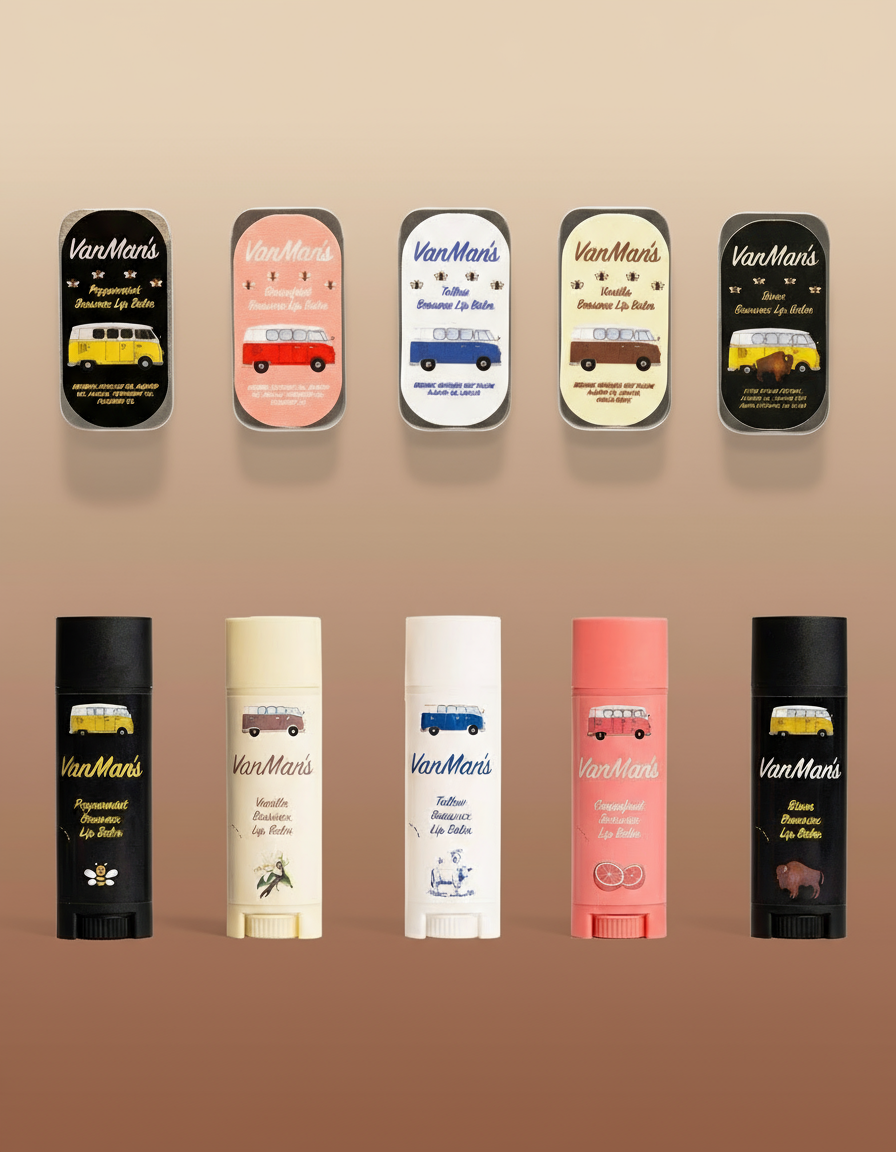 Collection of Van Man lip balms with colorful packaging on a white background