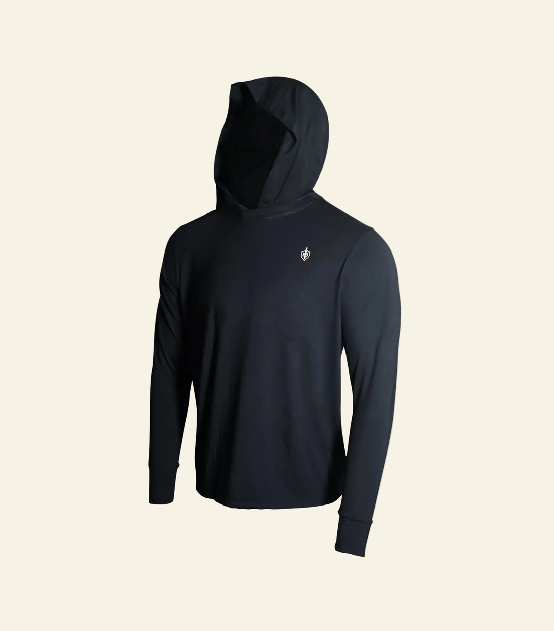 Black hoodie with a small logo on a white background