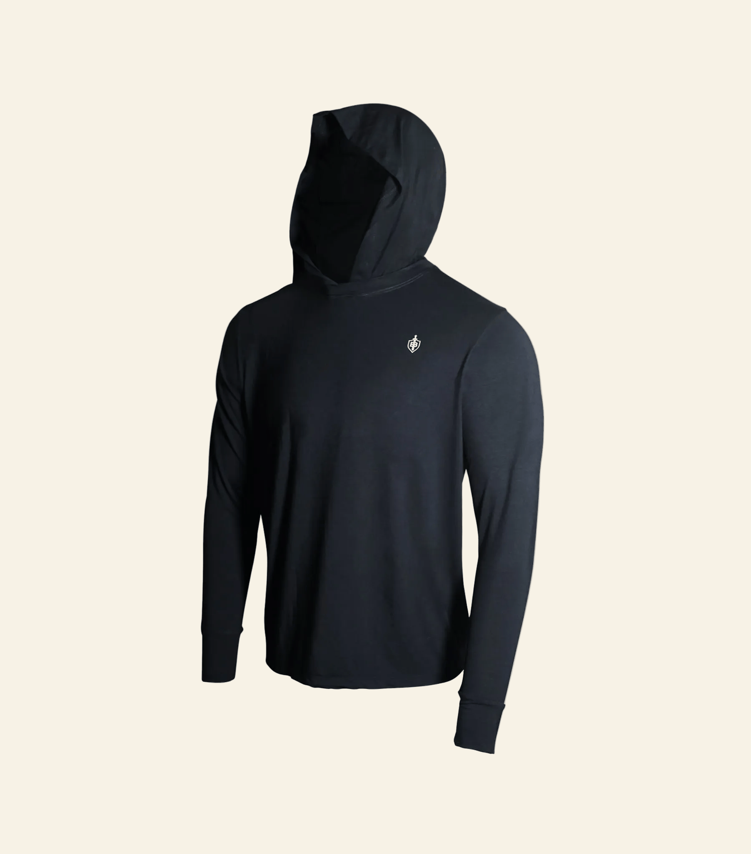 Black hoodie with a small logo on a white background