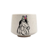 A speckled cream-colored ceramic cup featuring a black line-art illustration of a horse&