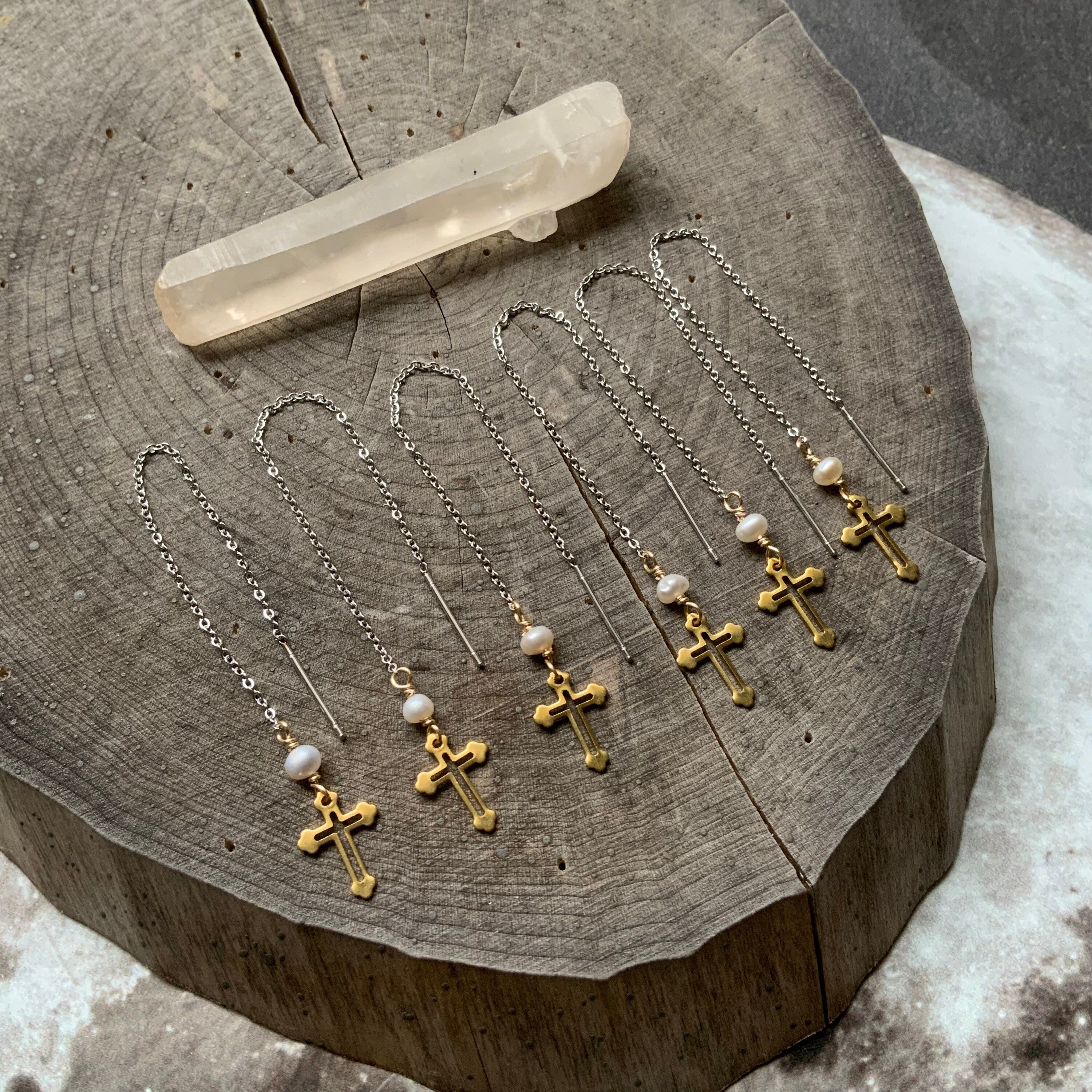 Brass Cross Threader Earrings: Freshwater Pearl, Mixed Metal Dangle