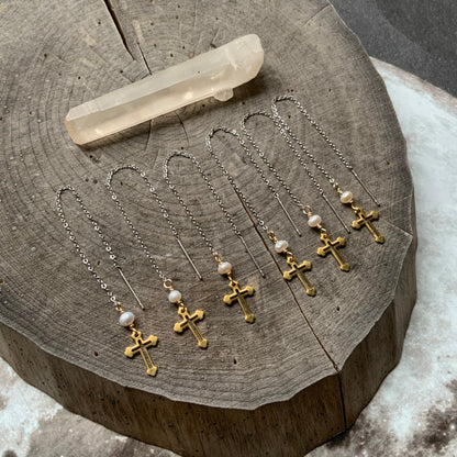 Brass Cross Threader Earrings: Freshwater Pearl, Mixed Metal Dangle