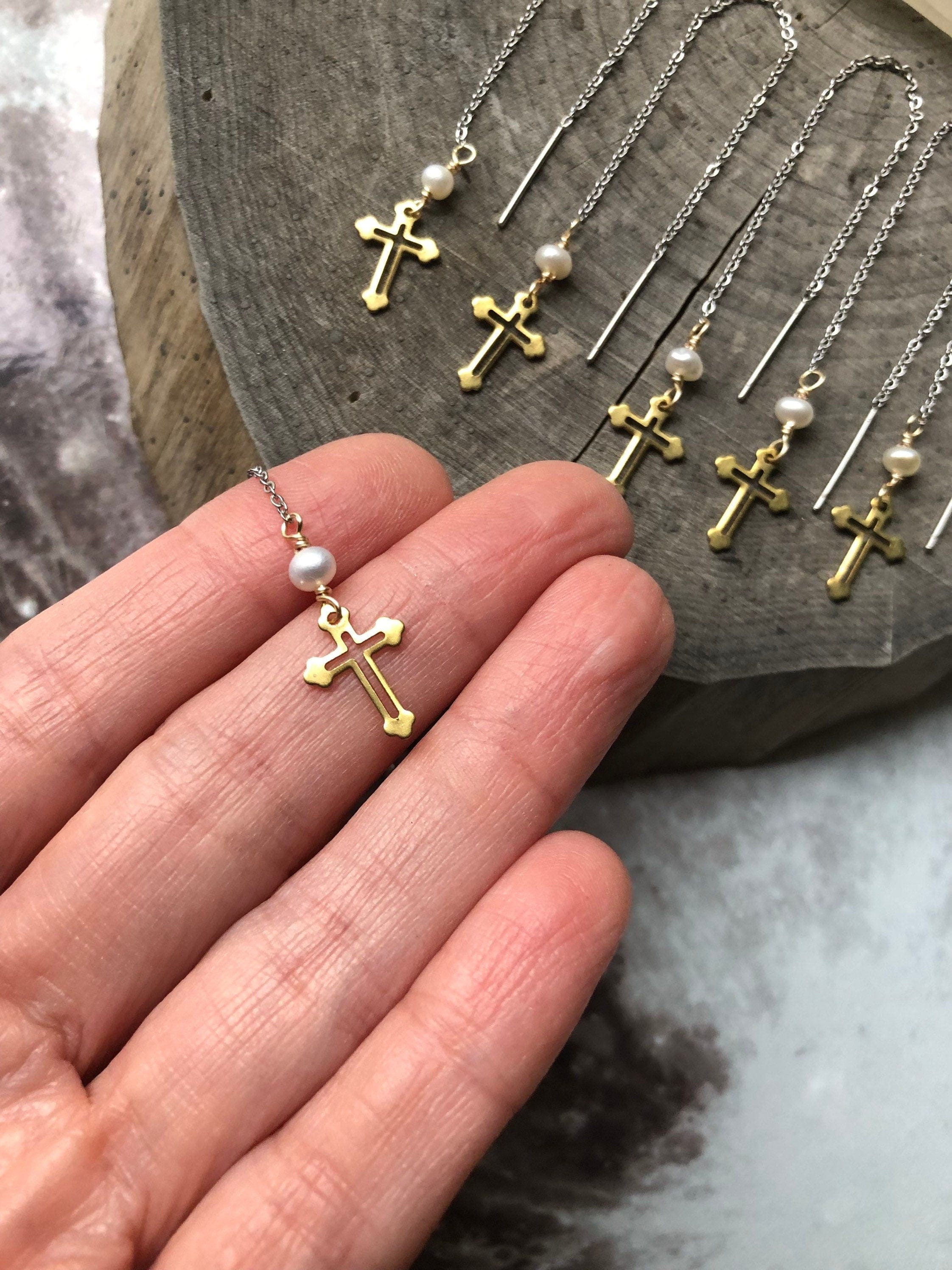 Adriana Soto Joyeria Misc Brass Cross Threader Earrings: Freshwater Pearl, Mixed Metal Dangle