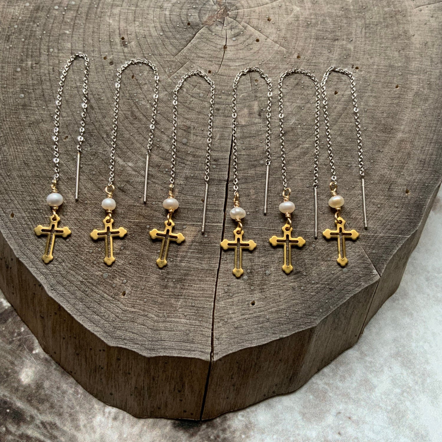 Brass Cross Threader Earrings: Freshwater Pearl, Mixed Metal Dangle