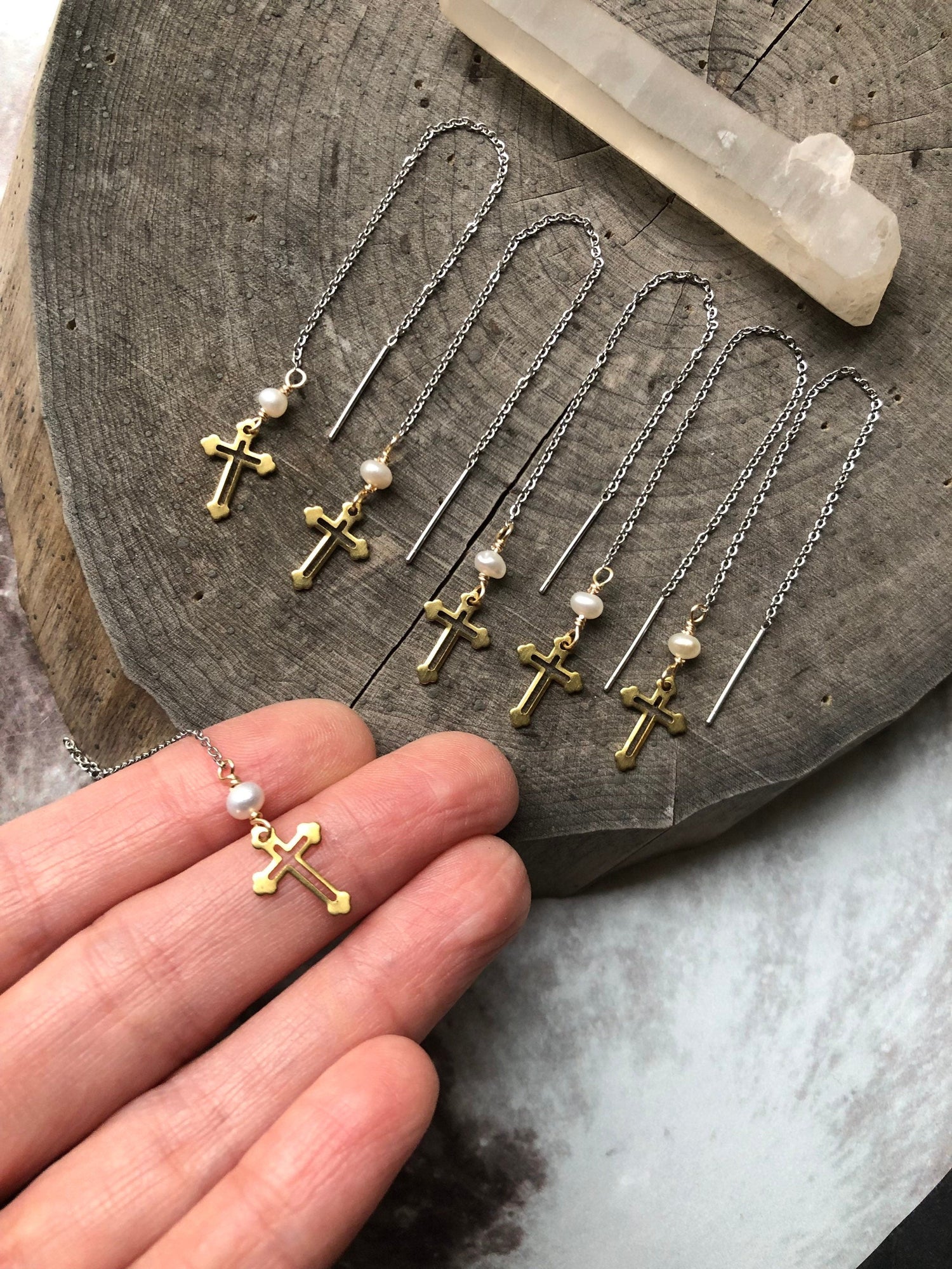 Brass Cross Threader Earrings: Freshwater Pearl, Mixed Metal Dangle