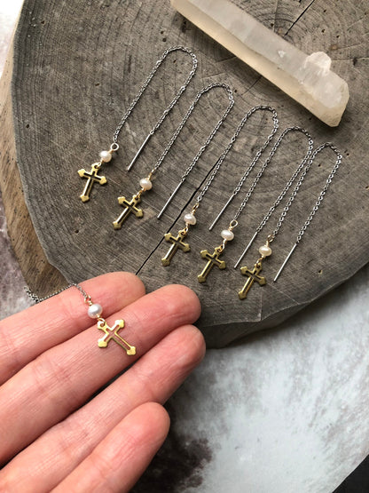 Brass Cross Threader Earrings: Freshwater Pearl, Mixed Metal Dangle