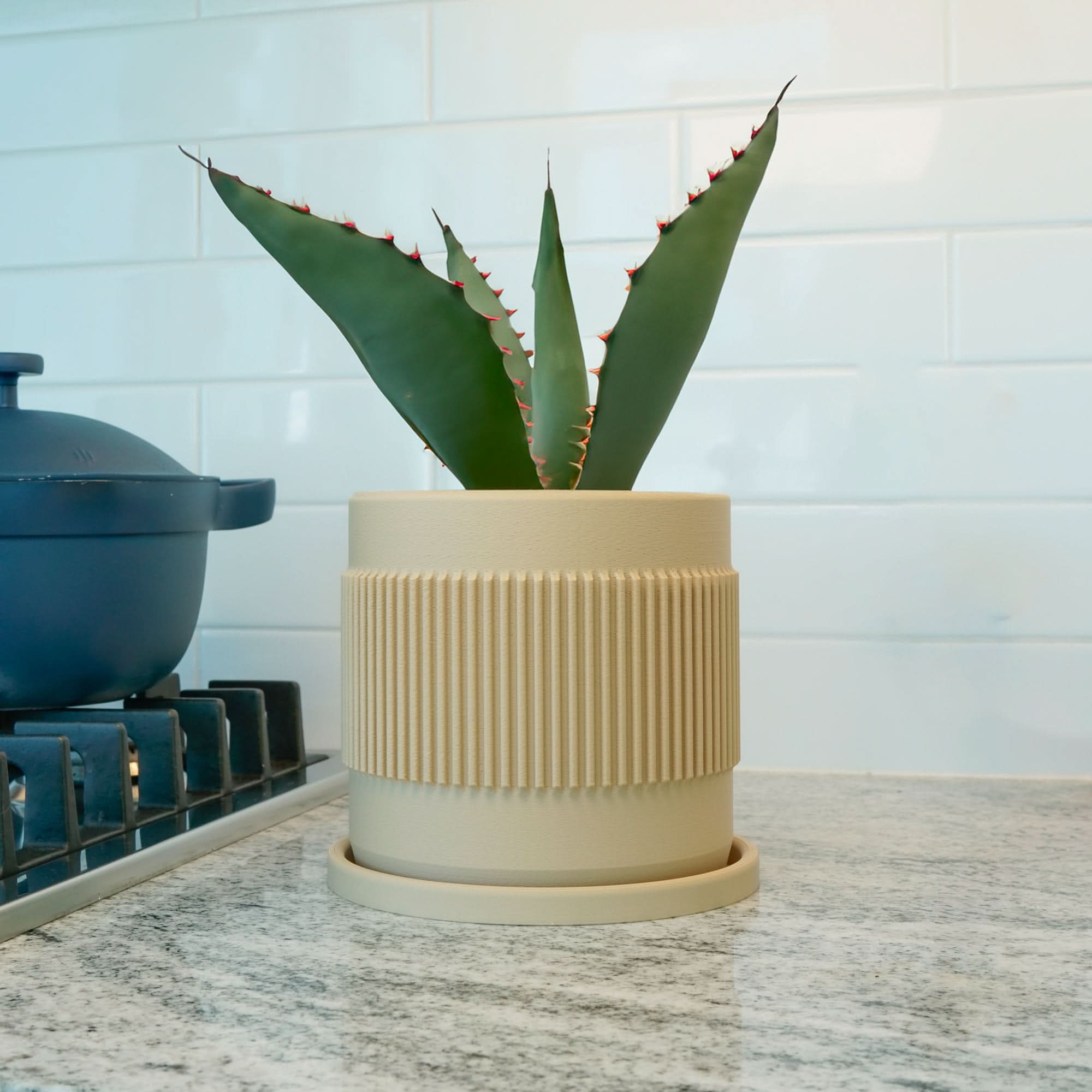 Rosebud HomeGoods Beige / 4 Inch - No Tray Half Mid-Century Ribbed Planter with Drainage and Saucer