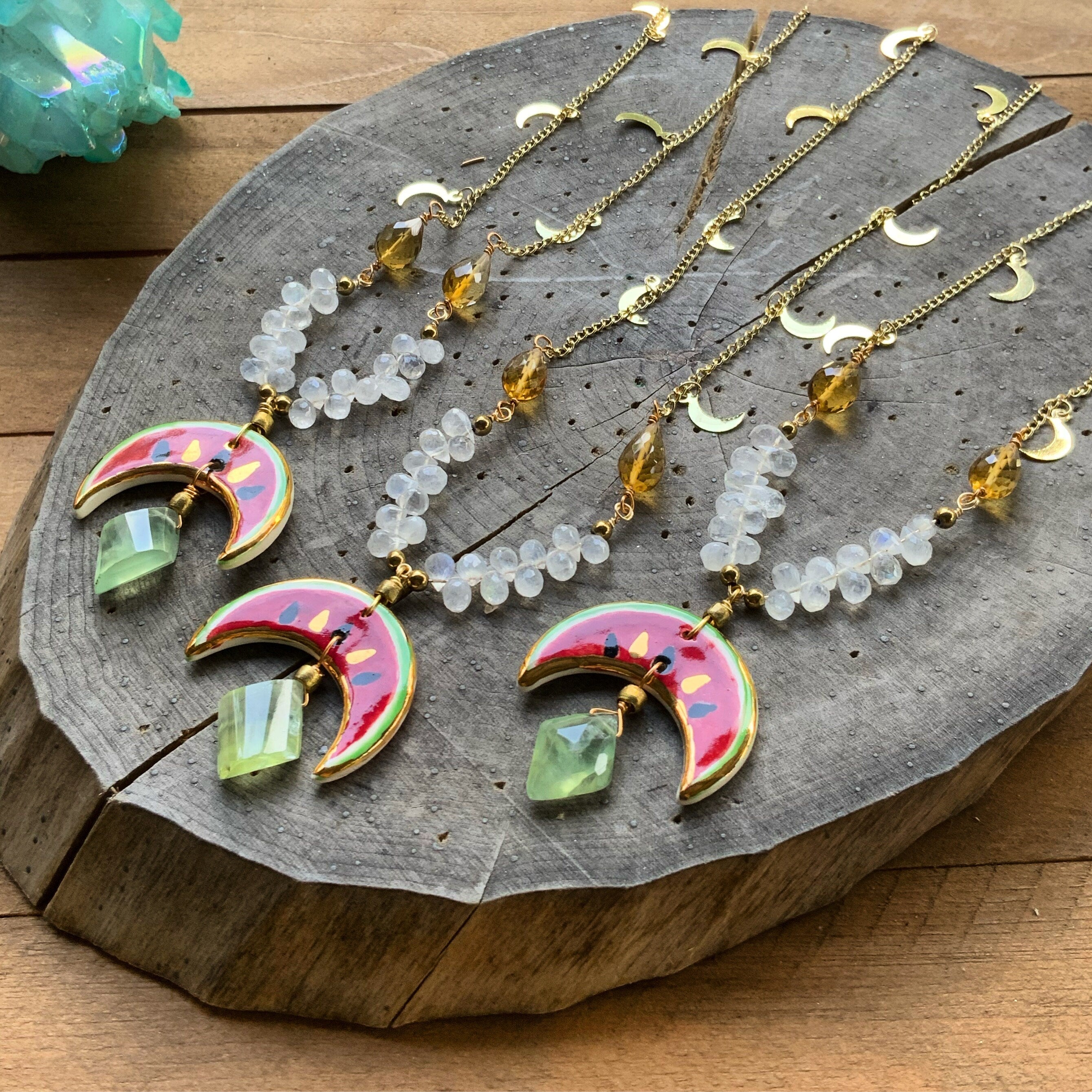 Handmade Ceramic Watermelon Necklace: Moonstone, Citrine &amp; Prehnite