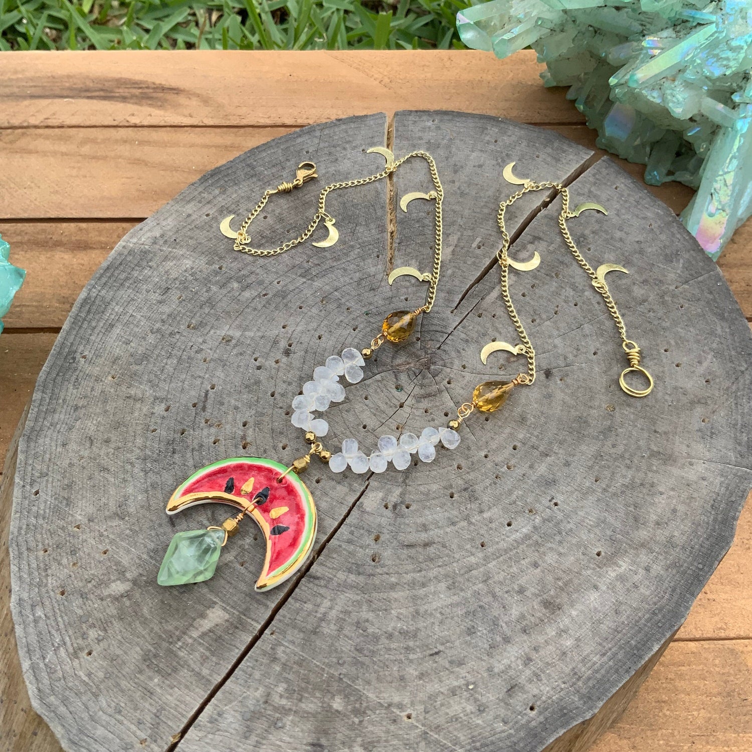 Handmade Ceramic Watermelon Necklace: Moonstone, Citrine &amp; Prehnite