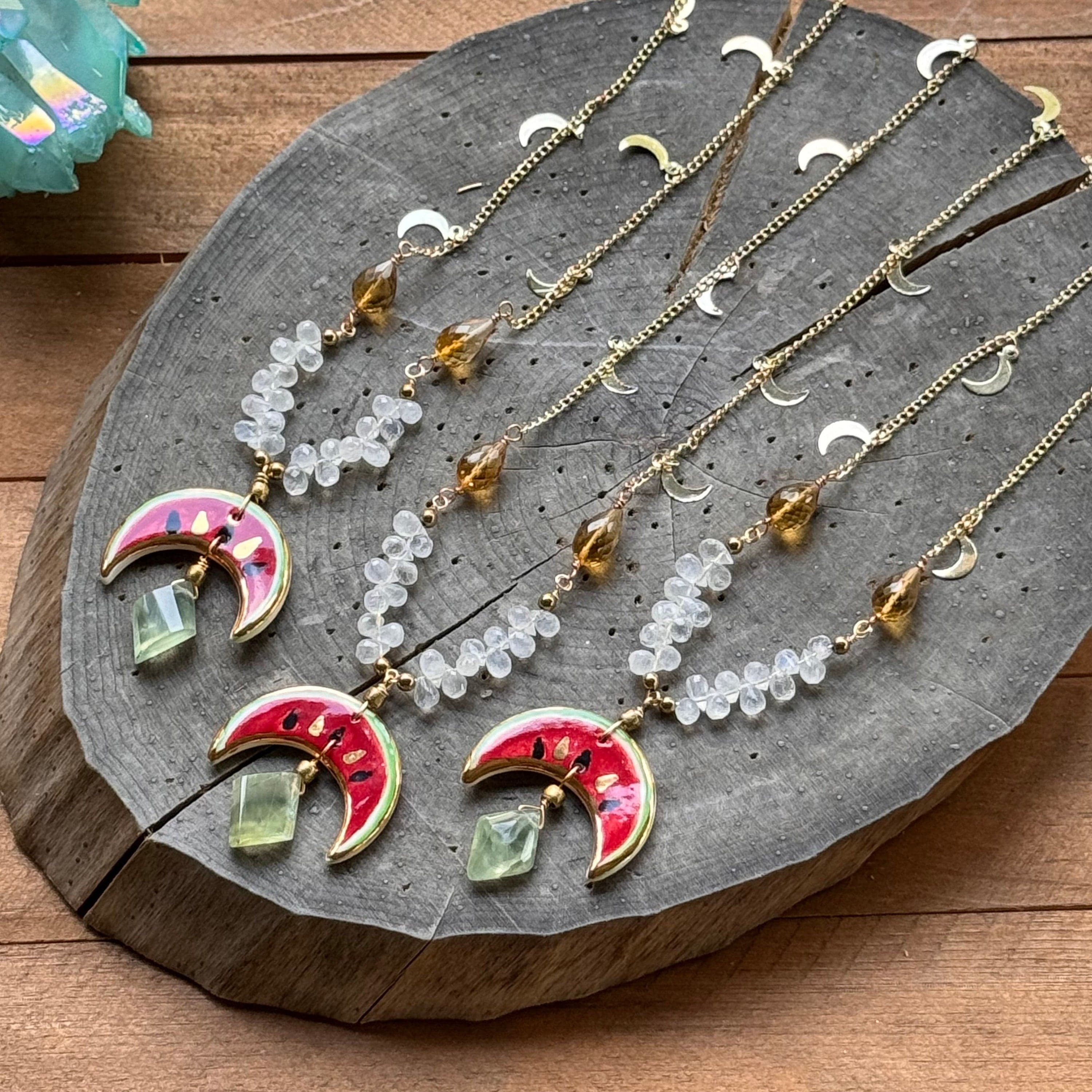 Adriana Soto Joyeria Misc Handmade Ceramic Watermelon Necklace: Moonstone, Citrine &amp; Prehnite
