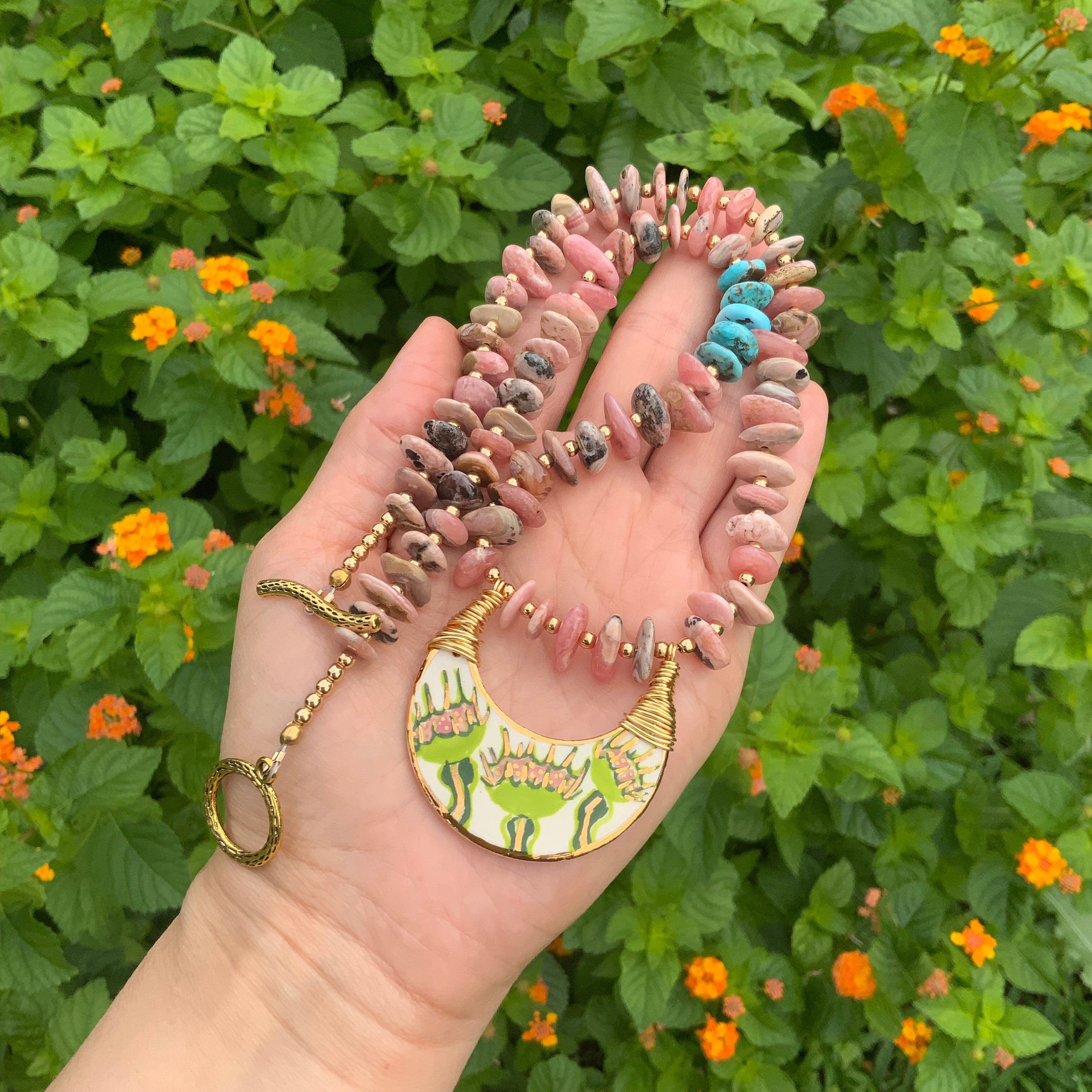 Ceramic Venus Flytrap Necklace with Rhodochrosite Beads