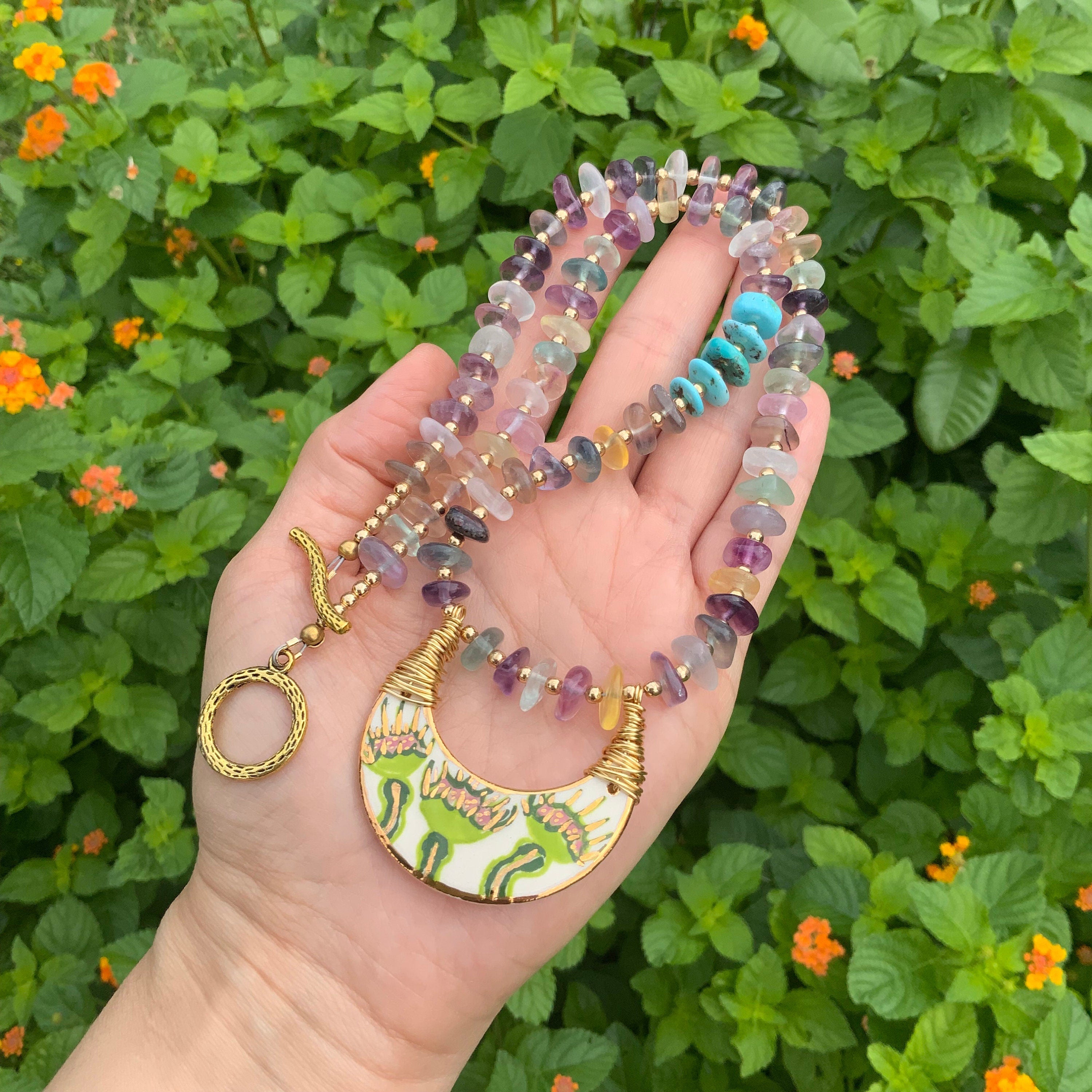 Ceramic Venus Flytrap Necklace with Rhodochrosite Beads