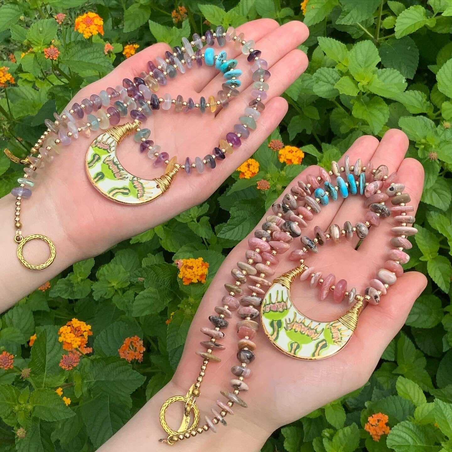 Ceramic Venus Flytrap Necklace with Rhodochrosite Beads