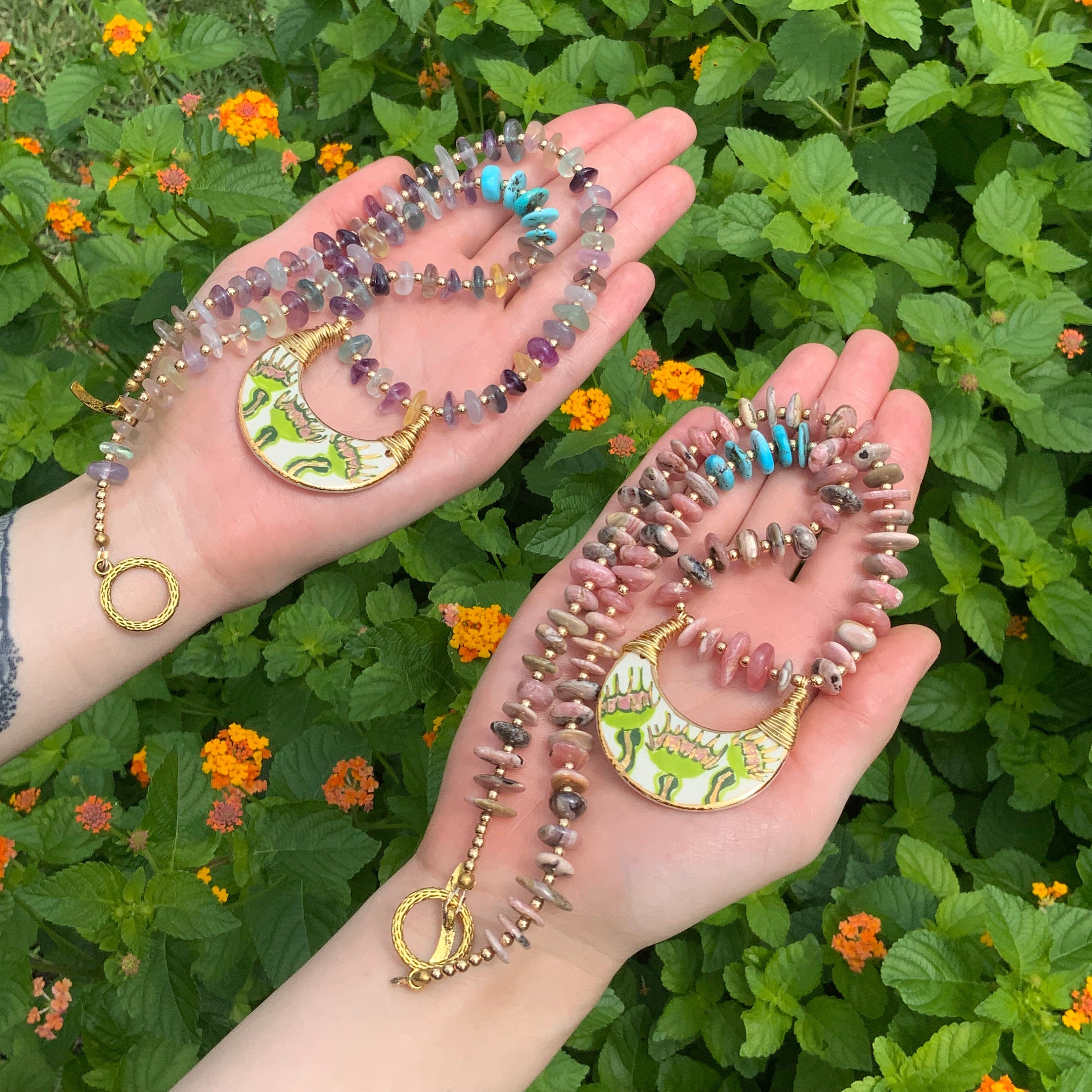 Ceramic Venus Flytrap Necklace with Rhodochrosite Beads