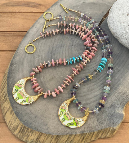 Ceramic Venus Flytrap Necklace with Rhodochrosite Beads
