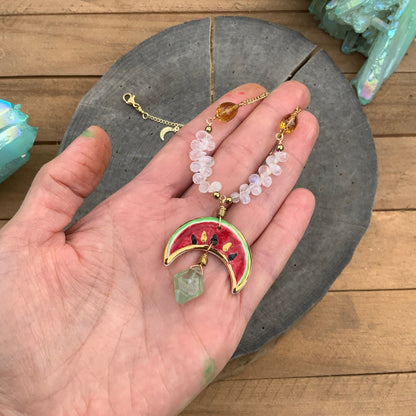 Handmade Ceramic Watermelon Necklace: Moonstone, Citrine &amp; Prehnite