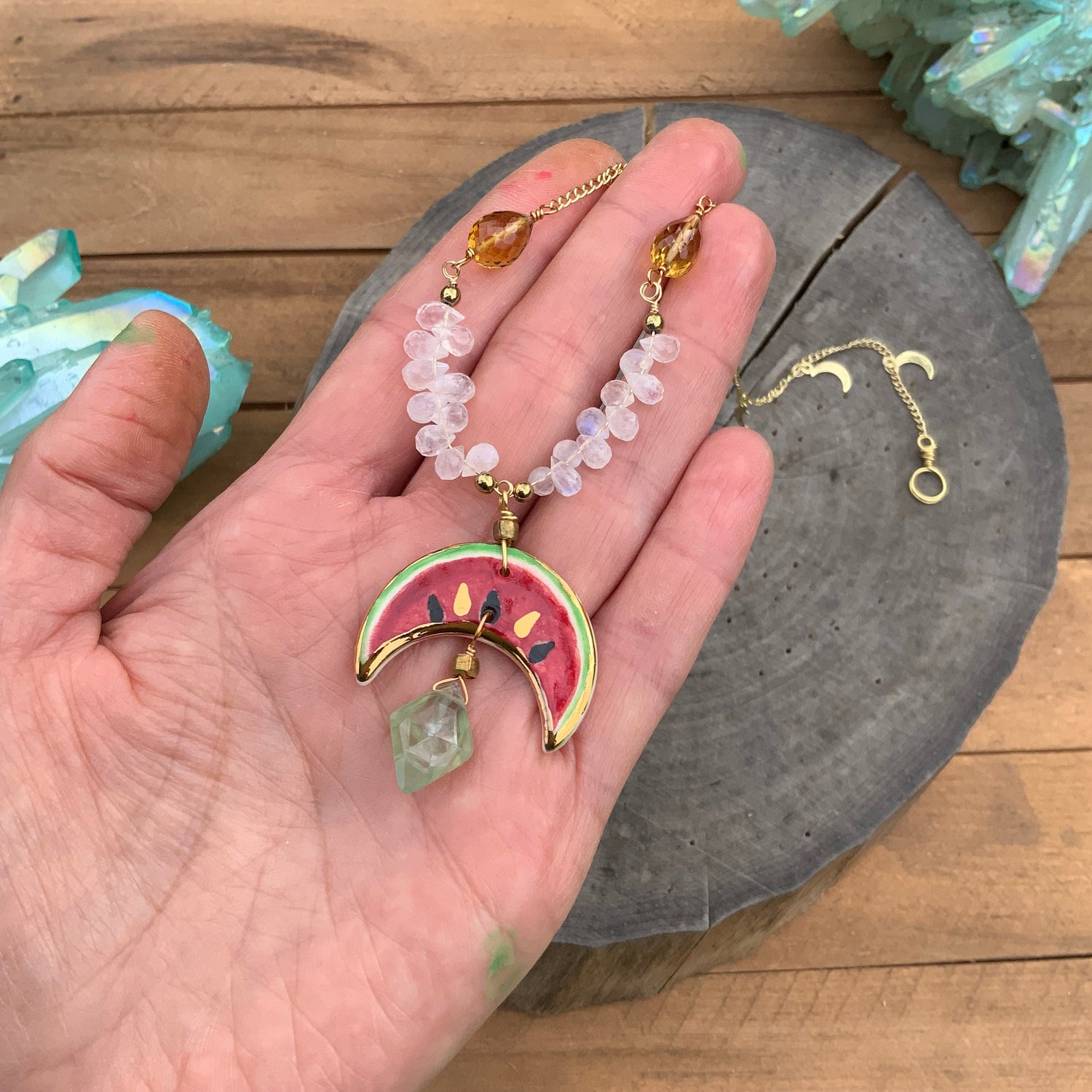 Handmade Ceramic Watermelon Necklace: Moonstone, Citrine &amp; Prehnite