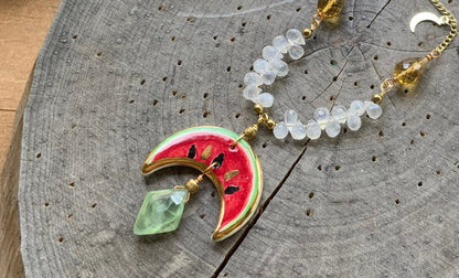 Handmade Ceramic Watermelon Necklace: Moonstone, Citrine &amp; Prehnite