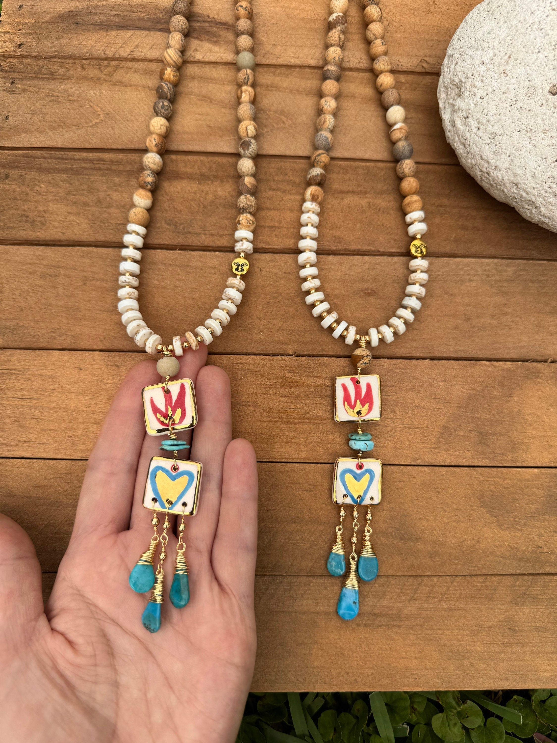 Handmade Ceramic Milagro Tile Necklace: Turquoise &amp; Jasper
