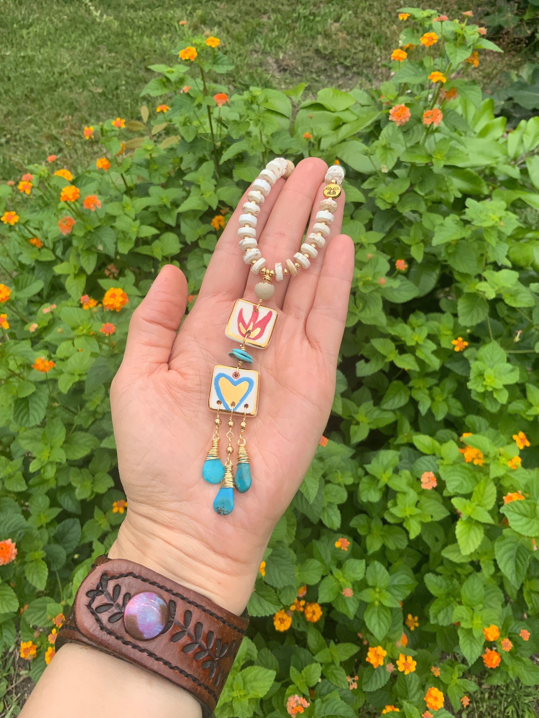 Handmade Ceramic Milagro Tile Necklace: Turquoise &amp; Jasper