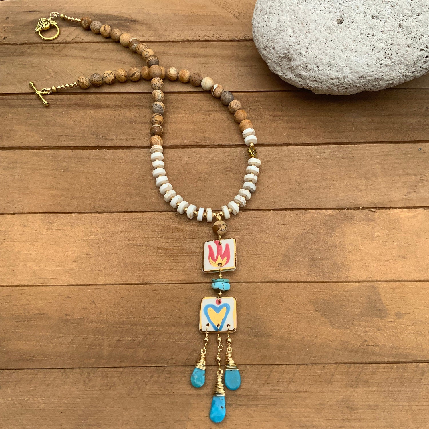Handmade Ceramic Milagro Tile Necklace: Turquoise &amp; Jasper