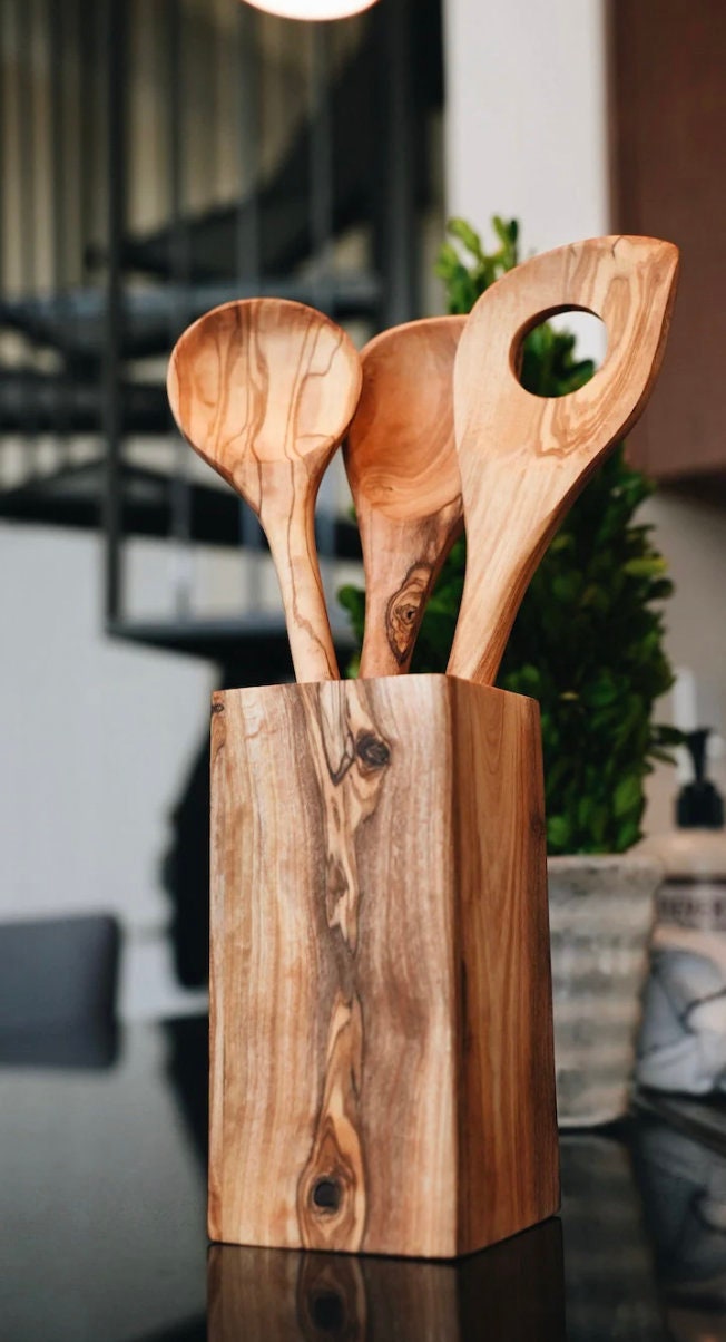 Olive Wood Spoon Set With Holder - My American Goods