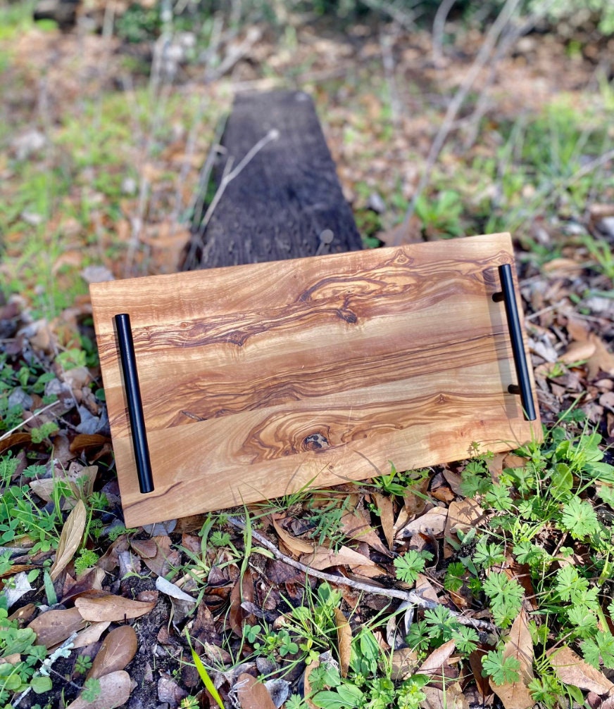 Rectangle Olive Wood Tray With Black Handles - My American Goods
